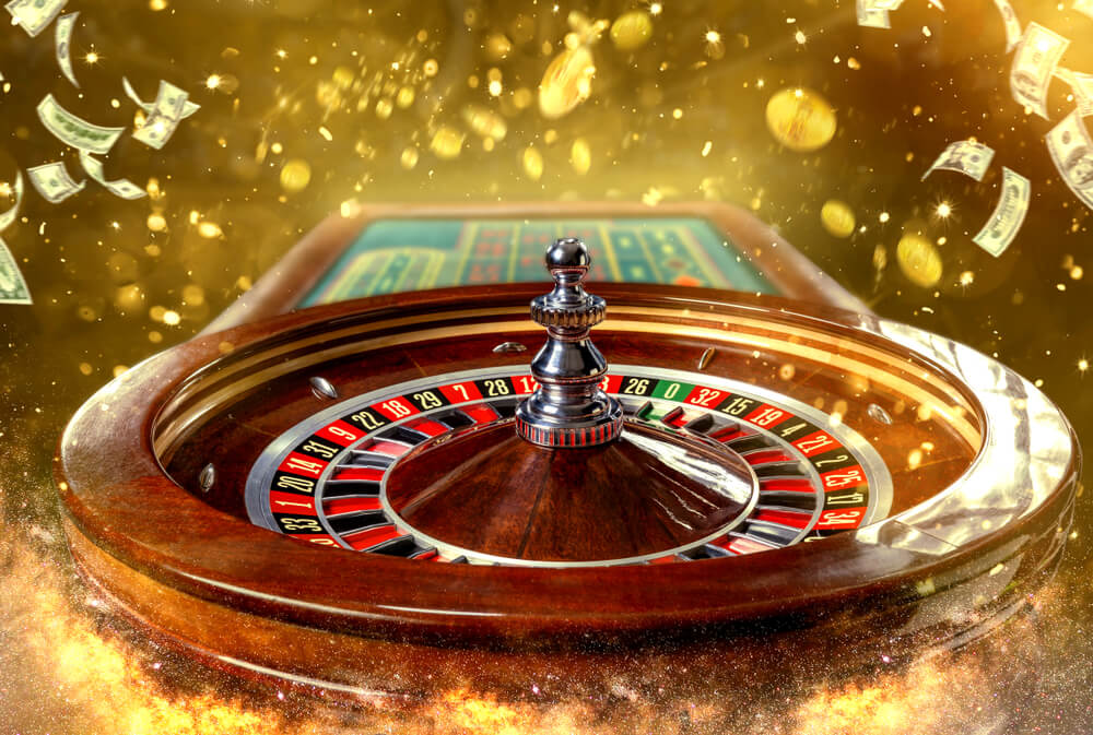 Collage of casino images with a close-up vibrant image of multicolored casino roulette table with poker chips