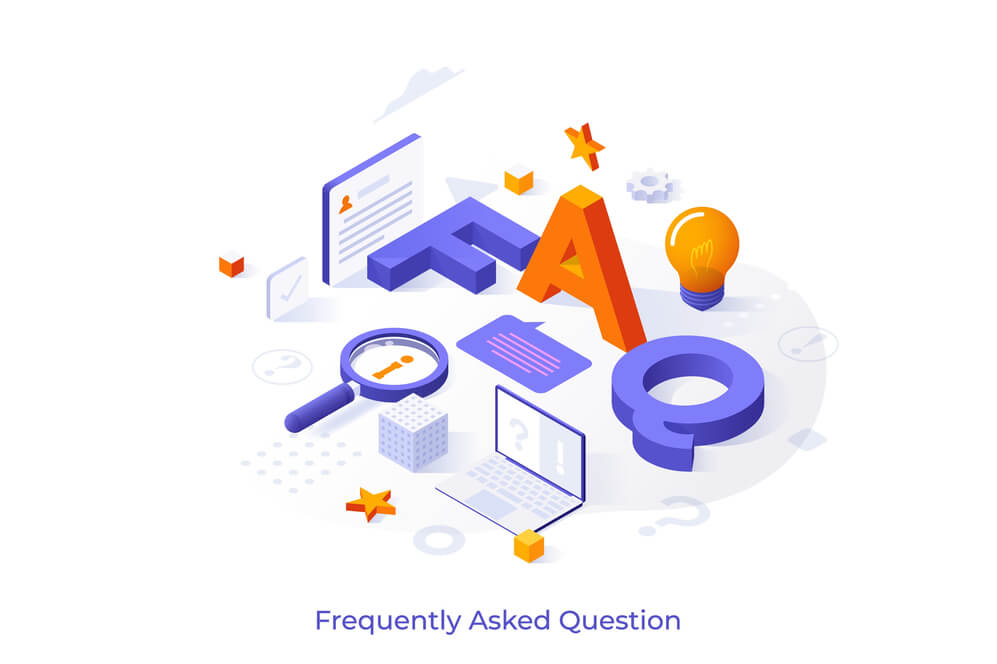 Conceptual template with letters FAQ, laptop computer, magnifying glass, lightbulb. Scene for frequently asked questions, search for answers. Modern isometric vector illustration for webpage.