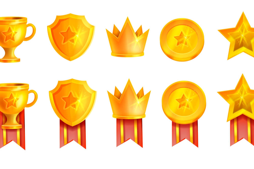 Winner golden trophy vector cup illustration kit, victory game champion badge set, crown, red ribbon. UI achievement medal icons, mobile casino app design element, shield, star. Golden trophy clipart