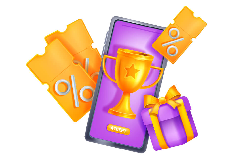 Online reward gift vector concept, 3D bonus loyalty program prize concept, smartphone screen, golden cup. Sale customer coupon, virtual voucher, present box, mobile app award. Online reward surprise