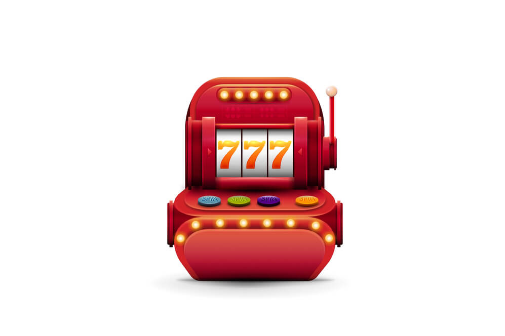 Red volumetric slot machine with jackpot in cartoon style isolated on white background for your arts