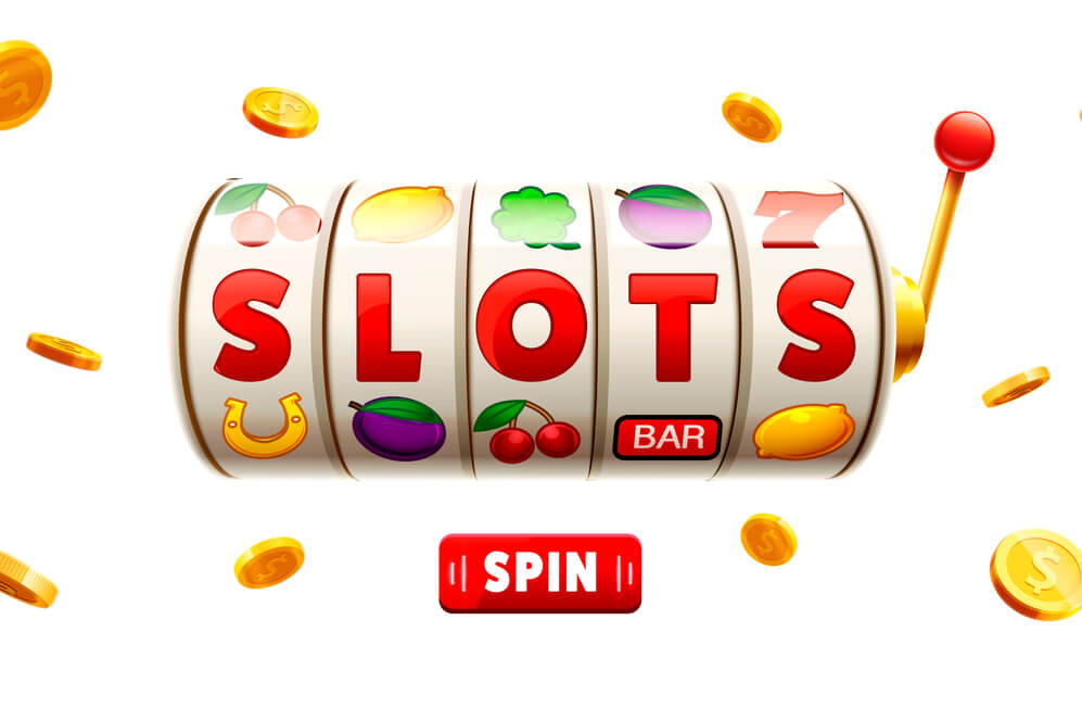 slots 3d element isolated on white background with place for text casino object gold coins red button spin.