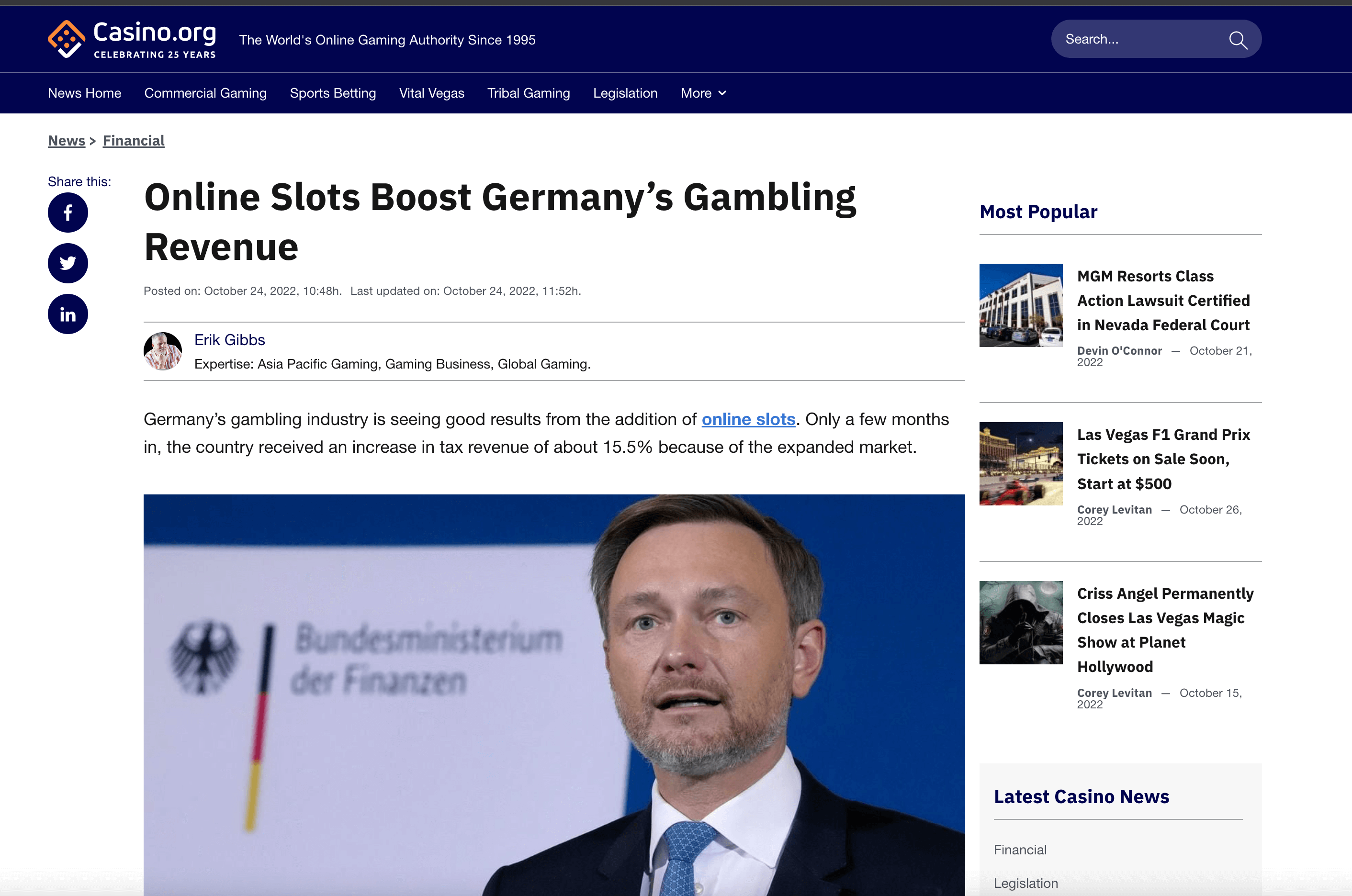 casino org screenshot of article talking about german casino market 